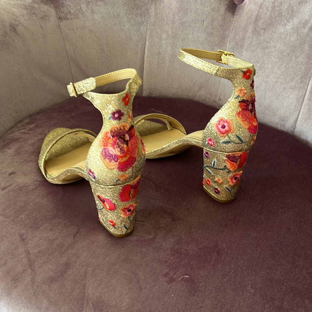 “Kivah” Gold Glitter Embroidered Ankle Strap Dress Heel